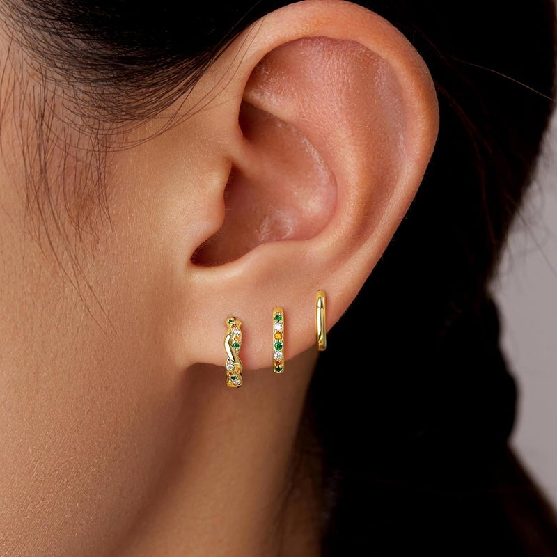 Inerney 14K Gold Plated Huggie Hoop Earrings for Women, Small Sterling Silver Earring Set Hypoallergenic Cartilage Helix Stacks, Mini Dainty Cute Trendy Birthstone Jewelry Gift for Multiple Piercings - Image 2
